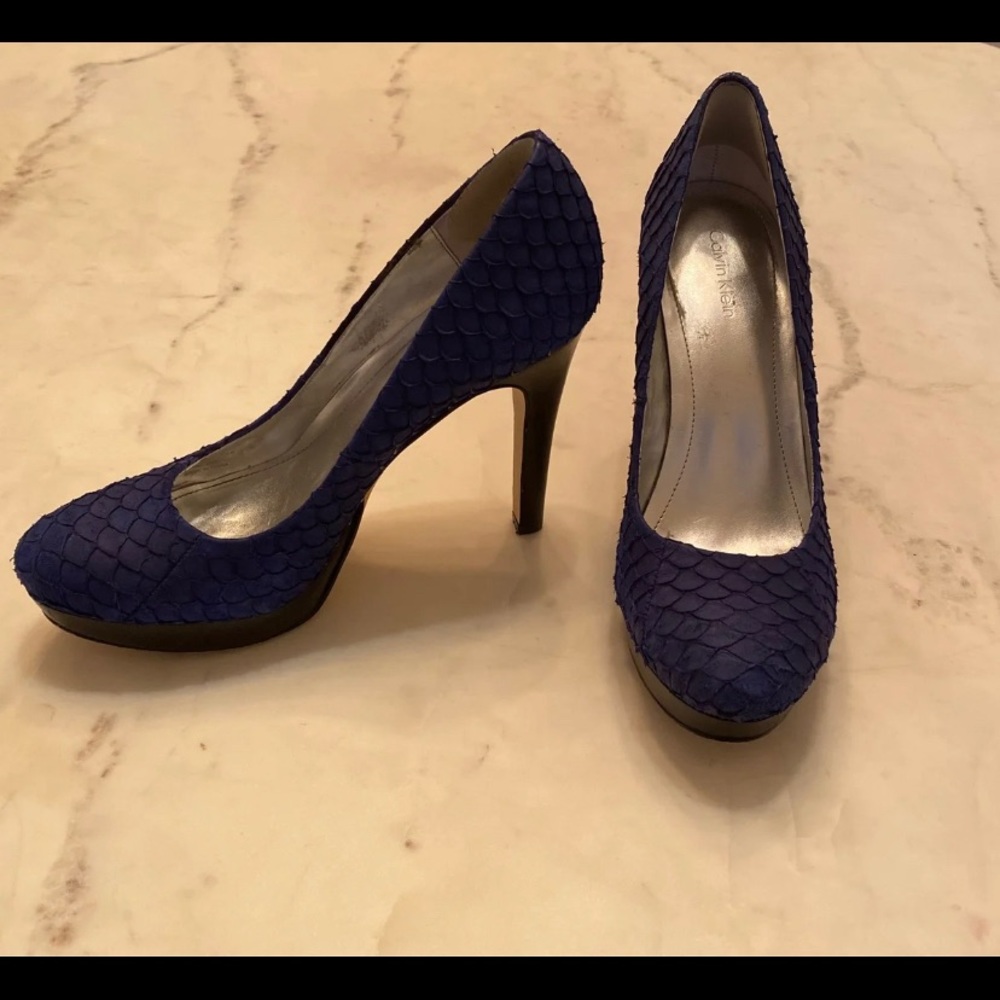 Cobalt blue fish scale Calvin Klein heels